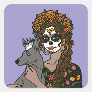 Tagestote-Ringelblume und Xolo-Hund-Aufkleber Quadratischer Aufkleber