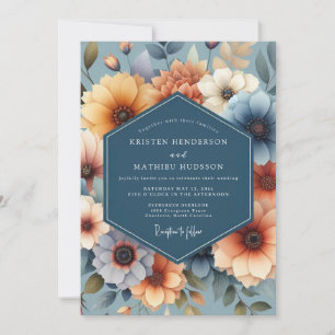 Tagetes & Blaue Künstlerische Blütenhochzeit Einladung
