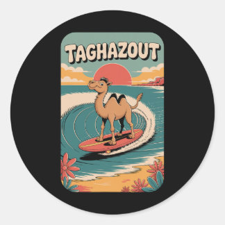 Taghazout Beach Vibes, Lustiger Retro-Sonnenunterg Runder Aufkleber