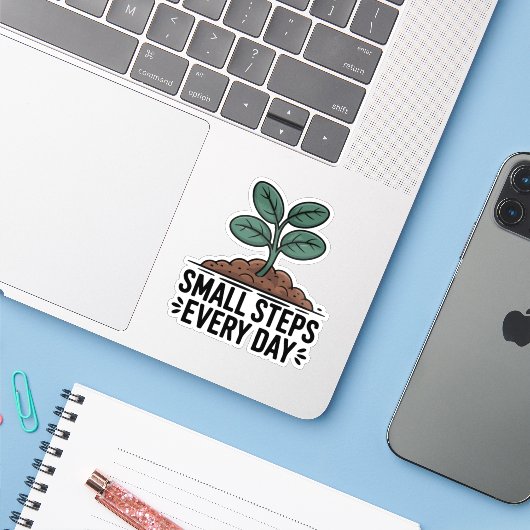 Täglich kleine Schritte Aufkleber (Laptop mit iPhone)