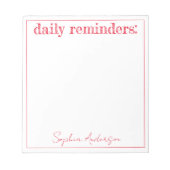 Tägliche Erinnerungen Red Simple Personalisiert Notizblock (Vorderseite)