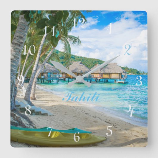 TAHITI CLOCK. BEAUTIFUL TAHITI PARADISE BEACH QUADRATISCHE WANDUHR (Vorderseite)