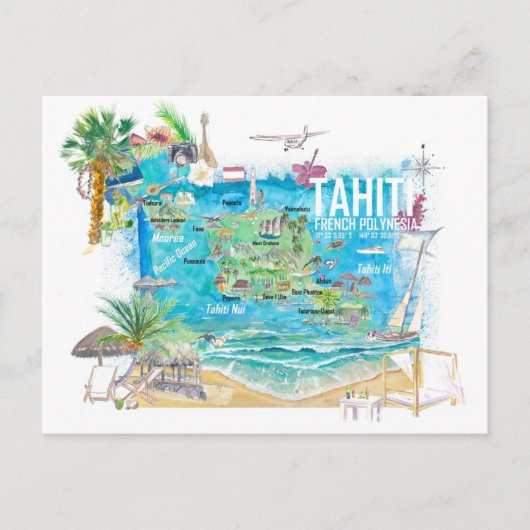 Tahiti Illustriert Travel Map mit Straßen Postkarte (Vorderseite)