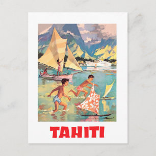 Tahiti, Kinder spielen mit Bootsspielzeug im Wasse Postkarte