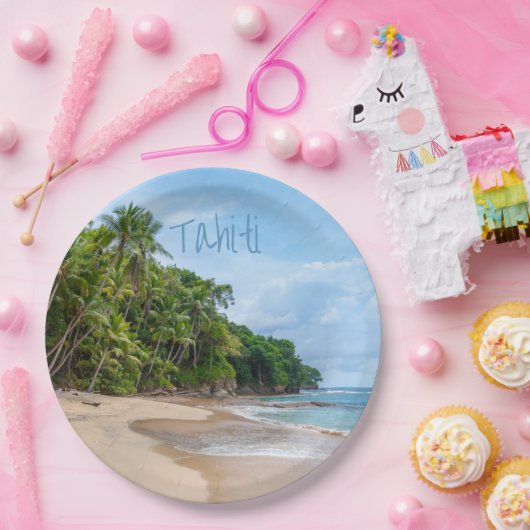 Tahiti Sand Beach Blue Sky Palm Trees Pappteller (Party)