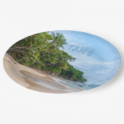 Tahiti Sand Beach Blue Sky Palm Trees Pappteller (Schrägansicht)