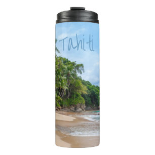 Tahiti Sand Beach Blue Sky Palm Trees Thermosbecher