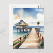 Tahiti Tropical Beach Resort Watercolor Postkarte (Vorne/Hinten)