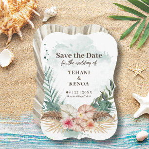 Tahiti   Tropische Aquarell-Palmblätter und -Blume Save The Date