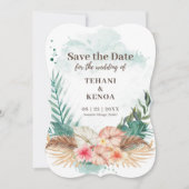 Tahiti | Tropische Aquarellpalme Blätter & Blume Save The Date (Vorderseite)