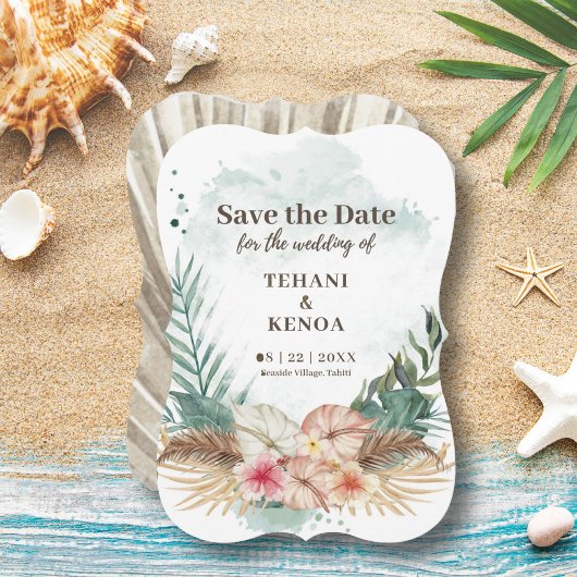 Tahiti | Tropische Aquarellpalme Blätter & Blume Save The Date