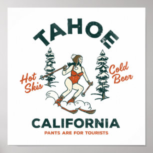 Tahoe, Kalifornien Funny Retro Skiing & Bierkunst Poster
