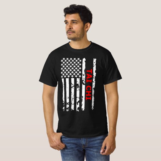 Tai Chi Cool Black and White USA Flag T-Shirt (Vorne ganz)