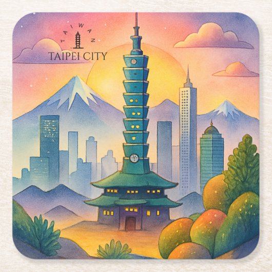 Taipei City Taiwan Skyline Watercolor Rechteckiger Pappuntersetzer (Vorderseite)