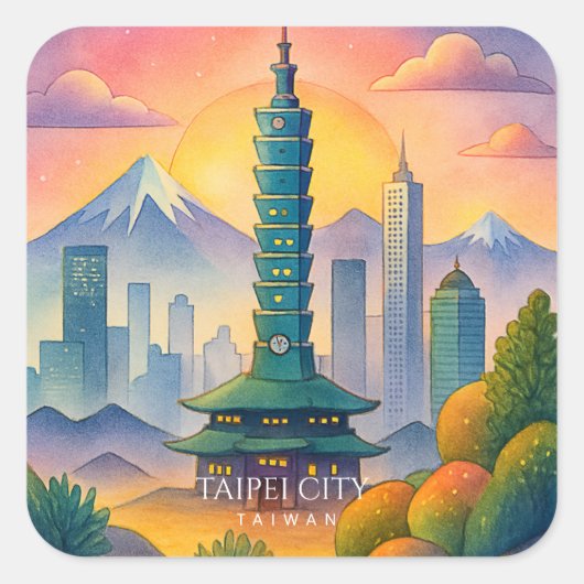 Taipei Stadt Taiwan Skyline Wasserfarbe Quadratischer Aufkleber (Vorderseite)
