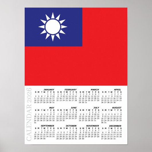 Taiwan 2026 Calendar, Large, Taiwanese Flag Poster (Vorne)
