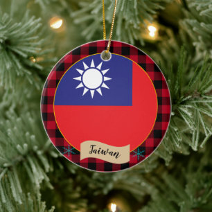 Taiwan, Roter Büffel kariert & taiwanesische Flagg Keramik Ornament