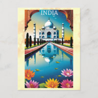 Taj Mahal Agra India Watercolor Lotus Floral