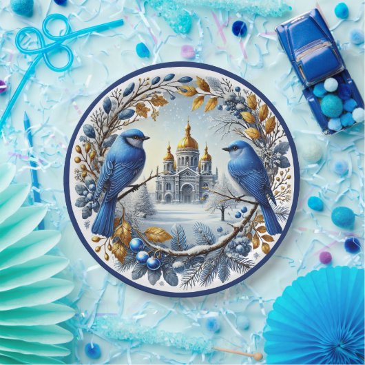 Taj Mahal Bluebirds Winter Berries Pappteller (Party)