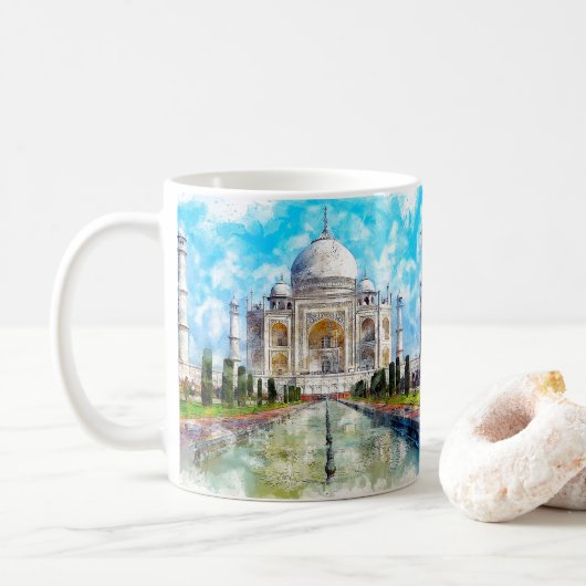 Taj Mahal Marmormausoleum, Aquarellmalerei Kaffeetasse (Mit Donut)