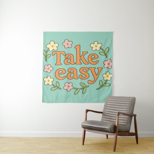 "Take Easy": Positive Retro Floral Illustration Wandteppich (Beispiel)