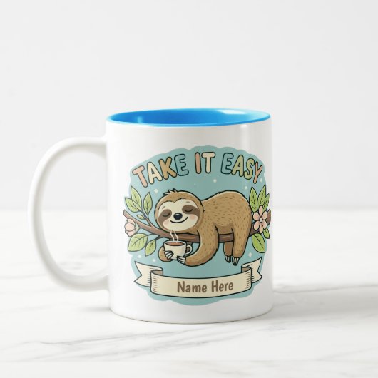 Take It Easy Sloth Custom Name Zweifarbige Tasse (Links)