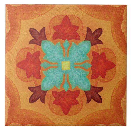 Talavera 02 Orange Red Blue Mediterranean Floral Fliese (Vorderseite)