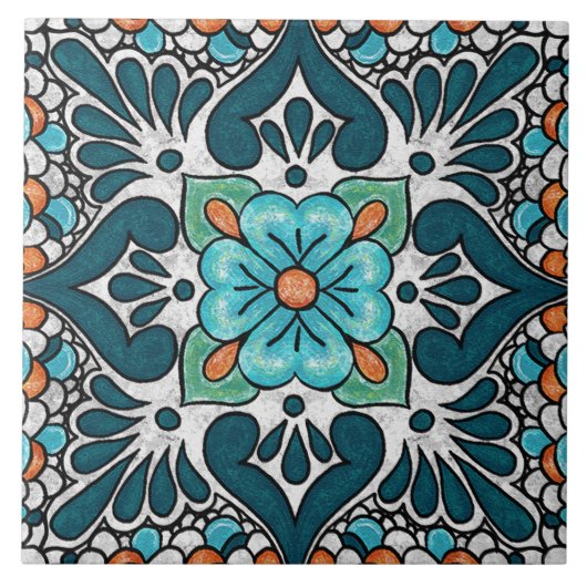 Talavera 06 Teal Blue Green Mediterranean Floral Fliese (Vorderseite)