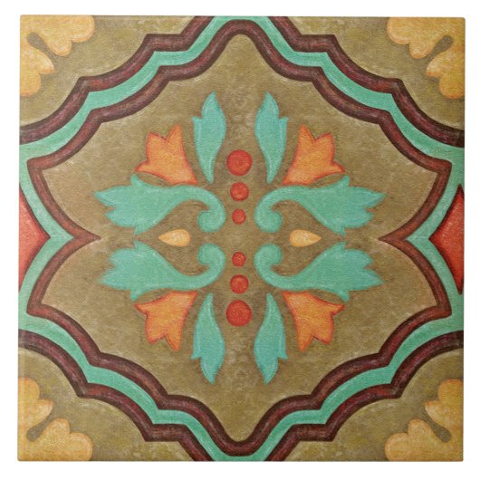 Talavera 13 Olive Green Aqua Mediterranean Floral Fliese (Vorderseite)