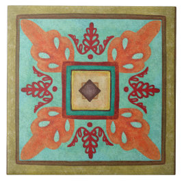 Talavera 15 Olive Aqua Orange Mittelmeer Blumenmus Fliese