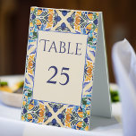 Talavera azulejo blauer Vintager Fliesen Tabellenn Tischaufsteller<br><div class="desc">Blau und braun bunt Vintage mexikanische talavera azulejo Fliesen Hochzeit Tischnummern Tafel,  handschriftlich lässige Schriftart bunte Talka Fliesen Vintage Verzierungen Hochzeitstisch Dekoration</div>