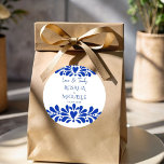 Talavera azulejo Vintag mexikanische Hochzeit Runder Aufkleber<br><div class="desc">Blaue farbige Vintage mexikanische talavera azulejo Fliesen Gastgeschenk Hochzeit Aufkleber Vorlage personalisierte Gastgeschenk Hochzeit Aufkleber,  blaue Volkskunst Talavera Hochzeit danke Ihnen für Aufkleber,  Gastgeschenk Hochzeit Geschenksticker,  Talavera Gastgeschenk Hochzeit Aufkleber</div>