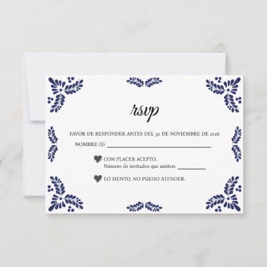 Talavera Black Floral Minimalist Spanish Wedding RSVP Karte (Vorderseite)