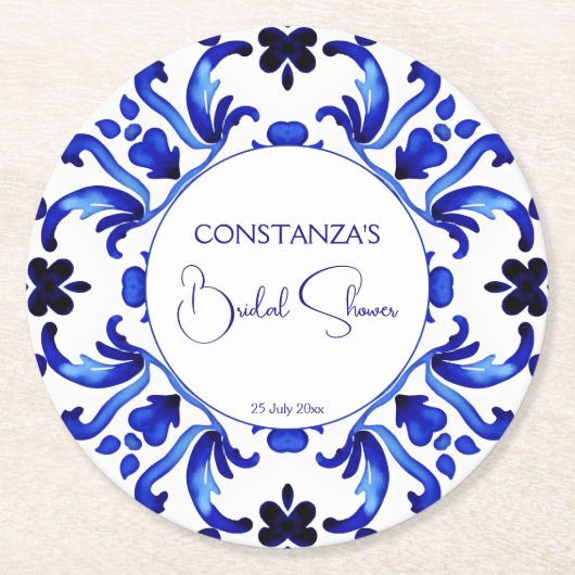 Talavera blauer Fliesen Mexikanisches Brautparty b Runder Pappuntersetzer (Vorderseite)