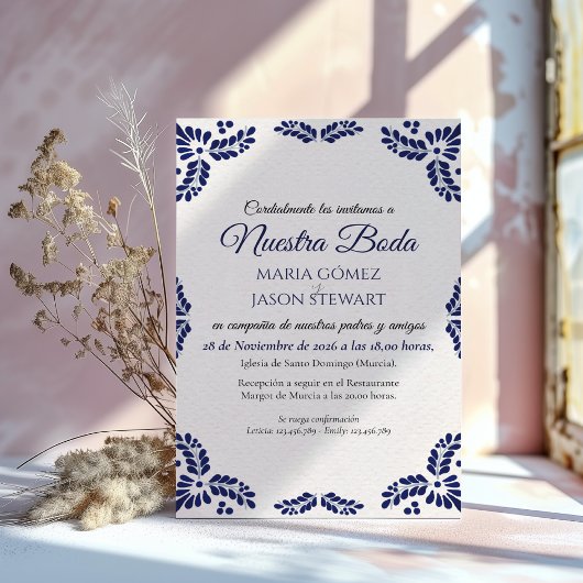 Talavera Blue Floral Minimalist Spanish Wedding Einladung