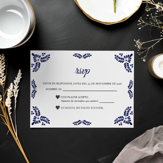 Talavera Blue Floral Minimalist Spanish Wedding RSVP Karte