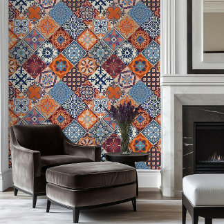 Talavera Fliesen Blau Orange Creme Burgunderrot  Tapete