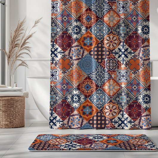 Talavera Fliesen Orange Sky Navy Blau Burgunderrot Duschvorhang