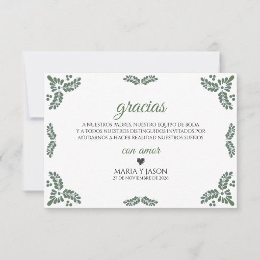 Talavera Green Floral Minimalist Spanish Wedding Dankeskarte (Vorderseite)