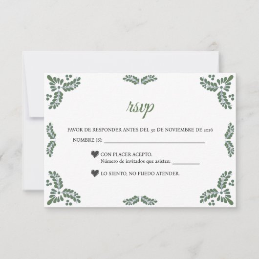 Talavera Green Floral Minimalist Spanish Wedding RSVP Karte (Vorderseite)