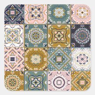 Talavera Indian: Patchwork, ethnisches Mosaik. Quadratischer Aufkleber