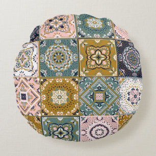 Talavera Indian: Patchwork, ethnisches Mosaik. Rundes Kissen