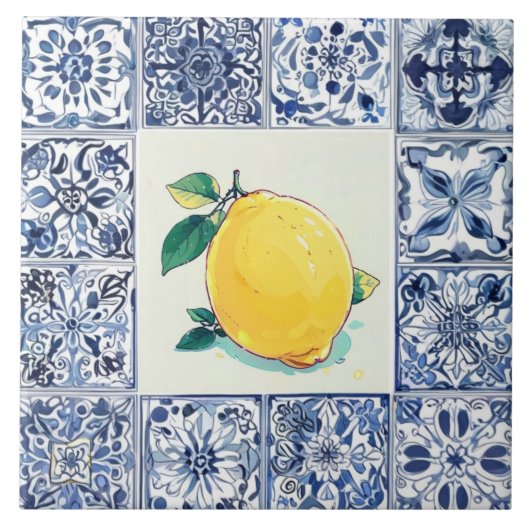 Talavera Lemon - Blue and White Mediterranean Fliese (Vorderseite)