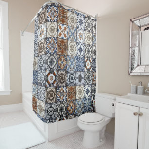 Talavera Mexican Tile Pattern Blue Brown Duschvorhang