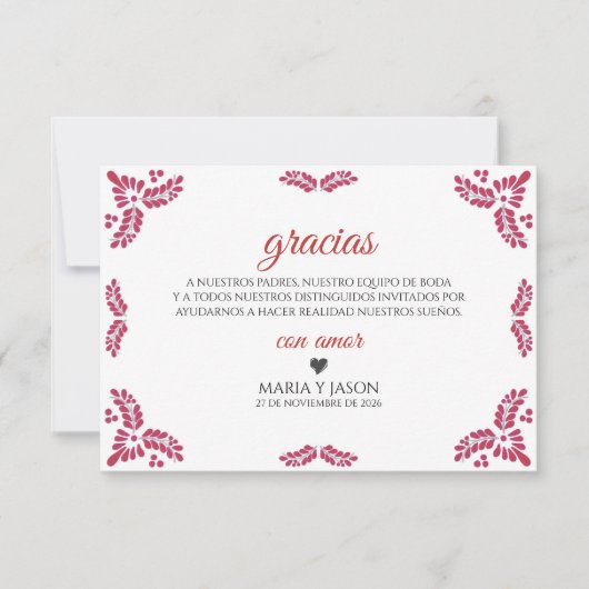 Talavera Red Floral Minimalist Spanish Wedding Dankeskarte (Vorderseite)