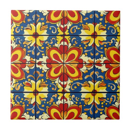 Talavera Seamless Blue Red Yellow Mexican Spanish Fliese (Vorderseite)