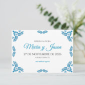 Talavera Turquoise Minimalist Spanish Wedding Save The Date (Stehend Vorderseite)