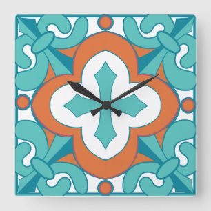 Talavera-Uhr - Orange und Türkis Quadratische Wanduhr