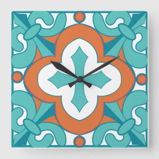 Talavera-Uhr - Orange und Türkis Quadratische Wanduhr