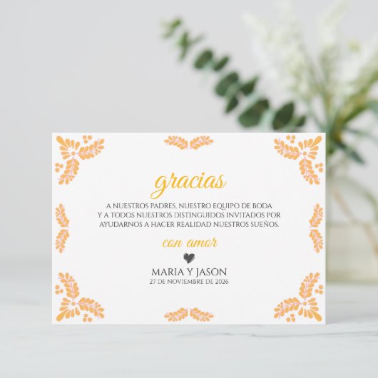 Talavera Yellow Floral Minimalist Spanish Wedding Dankeskarte (Stehend Vorderseite)